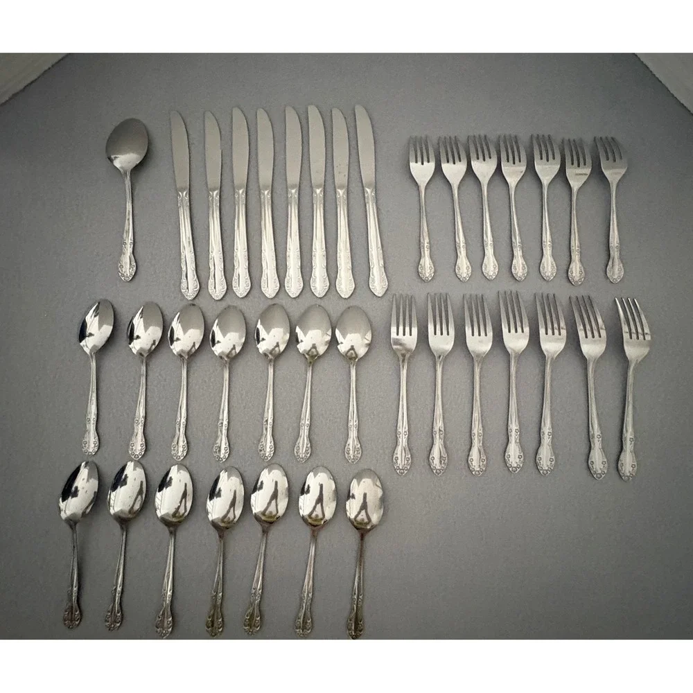 Utica Stainless Steel Flatware Set 37pc Floral Pattern Silverware Korea Vintage